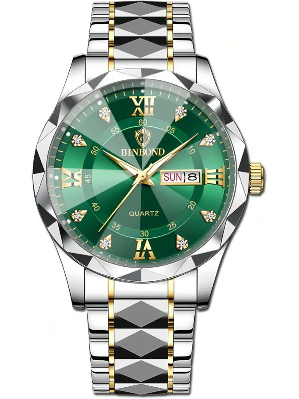 Men's Silver And Green Analog Stainless Steel Roman Numeral Diamond Luxury Watch